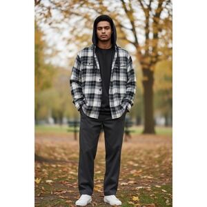 RedHead Brand Co Mens Hooded Flannel Shirt Large Black White Blue Plaid Shacket